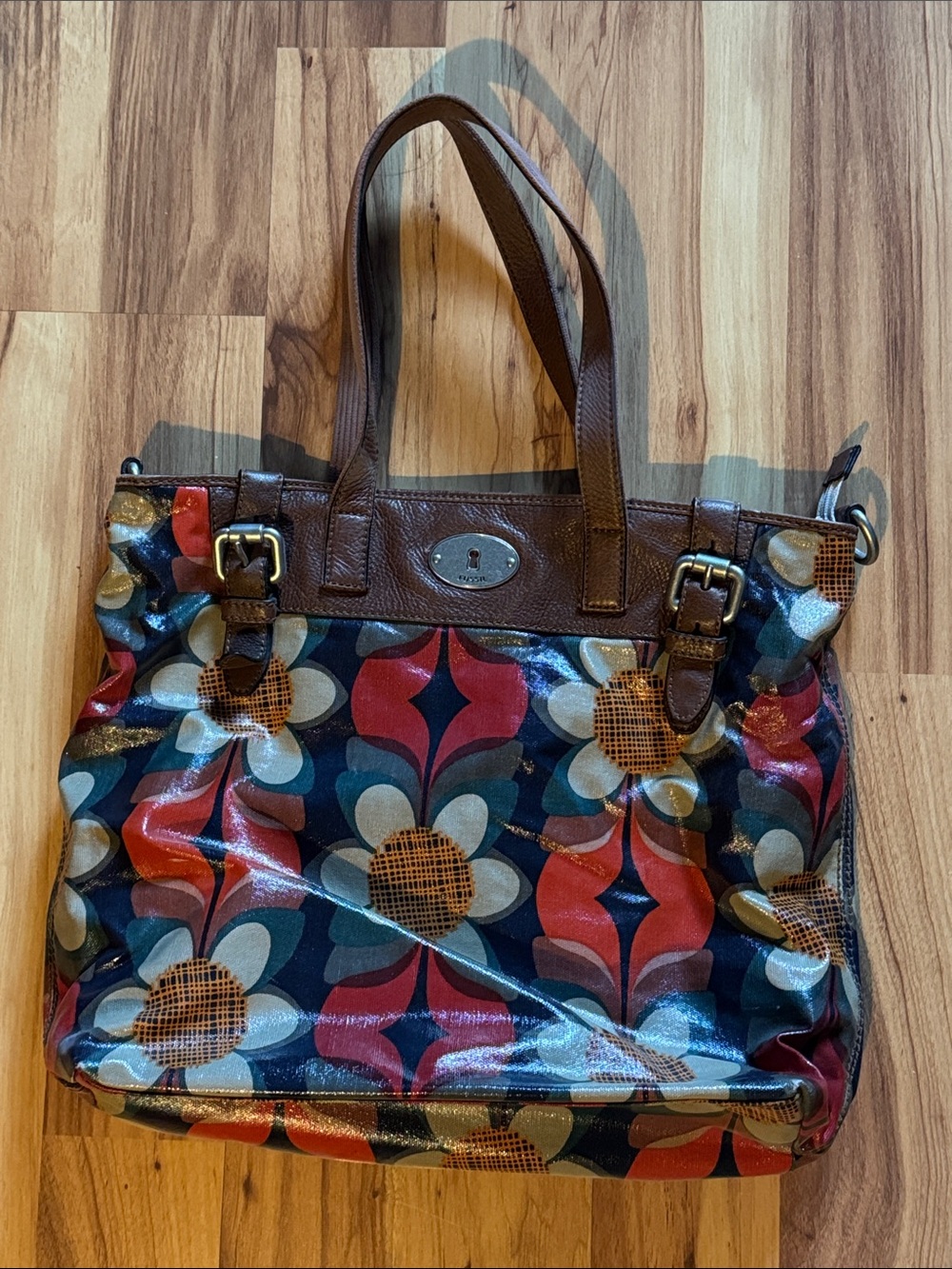 Fossil Brown Handle Floral Tote with Red, Blue & Cream Accents